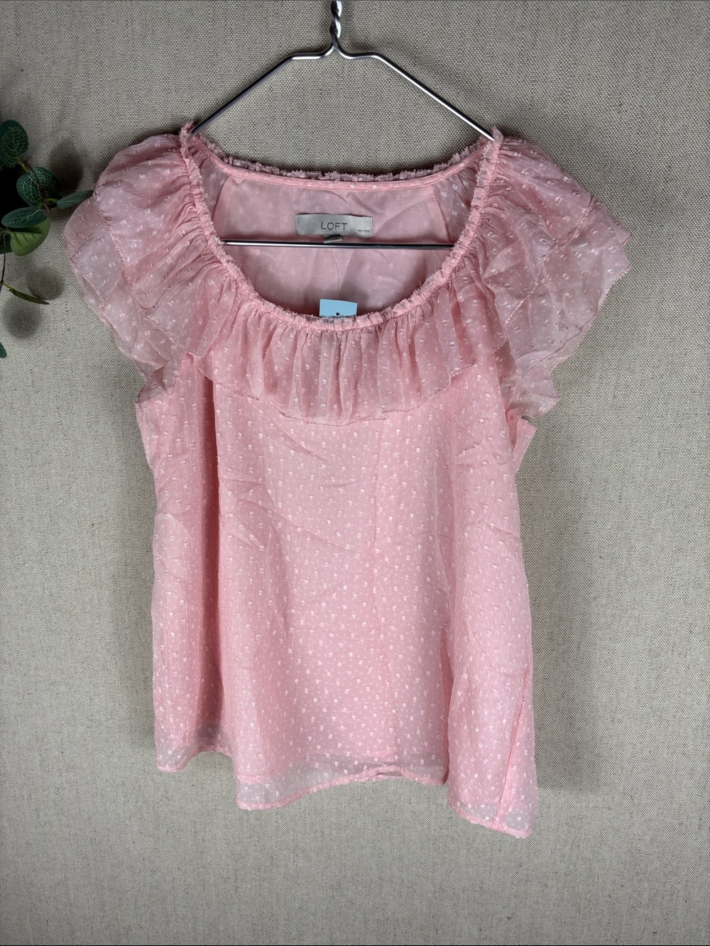 LOFT > New with Tags Light Pink Ruffle Swiss Dot Flutter Sleeve Top Small Petite - Picture 5 of 9